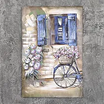 Decor 3D de perete metalic, fereastra albastra cu obloane, flori, bicicleta, cos cu flori, spirit grecesc, dimensiuni 80x120cm