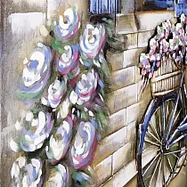 Decor 3D de perete metalic, fereastra albastra cu obloane, flori, bicicleta, cos cu flori, spirit grecesc, dimensiuni 80x120cm