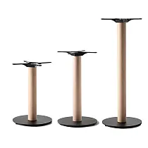 Massive central table leg, steel bottom plate and raw wooden beech column, different heights for coffee, dinning and bar tables, weight 15 kg, for tabletops up to D80 cm