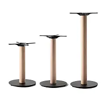 Pata central maciza, placa inferior de acero y columna de madera de haya en bruto, diferentes alturas para mesas de café, de comedor y de bar, peso 15 kg, para tableros de hasta D80 cm