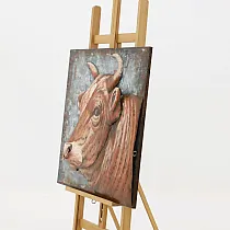 Déco murale 3D en métal, une vache marron avec un anneau dans le nez, 80x80cm