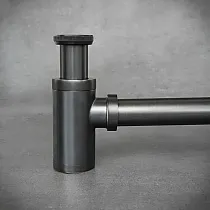 Decorative round bottle-type siphon, washbasin P-trap made of brass, in matt black colour