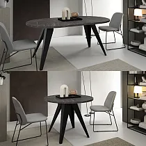 Ronde uitschuifbare eettafel, diameter 120 cm, verlengde tafellengte 158 cm, 196 cm, hoogte 76 cm, metalen poten zwart of wit, laminaat blad, keuze uit verschillende kleuren