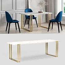Téglalap alakú kihúzható étkezőasztal arany acél lábakkal, 3 méret egy asztalban, hossz 120 cm 140 cm 160 cm, 50 cm-es lépésekkel bővíthető, max. kihúzható asztalhossz 220 cm 240 cm 260 cm, laminált lap színe fekete, fehér, tölgy, márvány, beton