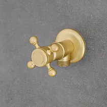 Baterie de perete din alamă cu robinet colț pentru furtun, culoare alamă, înălțime 6,5 cm, lungime bec 8 cm