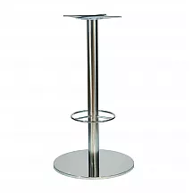 Metalen centraal tafelonderstel voor bars (HORECA), met beensteun, gepolijst RVS, hoogte 106 cm