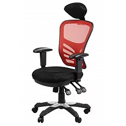 Vridbar kontorsstol med andningsbart ryggstöd i röd färg med huvudstöd