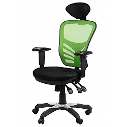 Drehbarer Bürostuhl mit atmungsaktiver Rückenlehne in grüner Farbe mit Kopfstütze