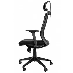 Silla de oficina giratoria negra con reposacabezas y respaldo con soporte lumbar, función antichoque