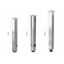 Elektropolírozott alumínium bútorlábak négyzet keresztmetszetű, króm hatású, magassága 71 cm, 82 cm, 110 cm, 4 db-os készlet.