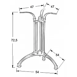 Baza de masa din fonta, 3 picioare, 54x54 cm, inaltime 72,5 cm, potrivita pentru blaturi pana la D90 cm, greutate 12,8 kg