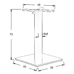 Tungt centralt bordsstativ av stål, höjd 73 cm, rektangulär kolonn, basmått 55x55 cm, vikt 19 kg, svart färg