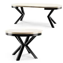 Kerek kihúzható étkezőasztal, 3 méret egy asztalban, átmérő 120 cm, meghosszabbított asztal hossza 158 cm és 196 cm, fém fekete vagy fehér lábak, laminált lap színei fekete, fehér, tölgy, márvány, beton