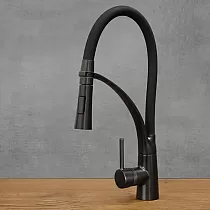Rubinetto da cucina in acciaio inox di colore nero, con bocca girevole a 360 gradi, altezza 43 cm, lunghezza bocca 17 cm