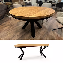 Ronnen ausziebare Iessdësch mat massiver Eechholzplack an schwaarze Been, Duerchmiesser 100 cm oder 120 cm, maximal Längt 176 cm oder 196 cm