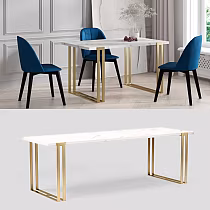 Rechteckege ausziehbare Iessdësch mat gëllene Stillbeener, 3 Gréissten an engem Dësch, Längt 120 cm / 140 cm / 160 cm, ausziehbar mat engem 50 cm Schrëtt, maximal ausgedeent Dëschtlängt 220 cm / 240 cm / 260 cm, Laminatplack a Faarwen schwaarz, wäiss, Eech, Marmer, Beton