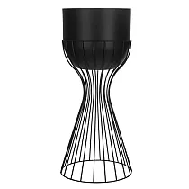 Zema augstuma tērauda puķu statīvs no izliektiem melniem tērauda stieņiem un melns plastmasas grozs, augstums 46 cm, platums 20 cm