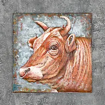 3D väggdekor i metall, en brun ko med näsring, 80x80cm